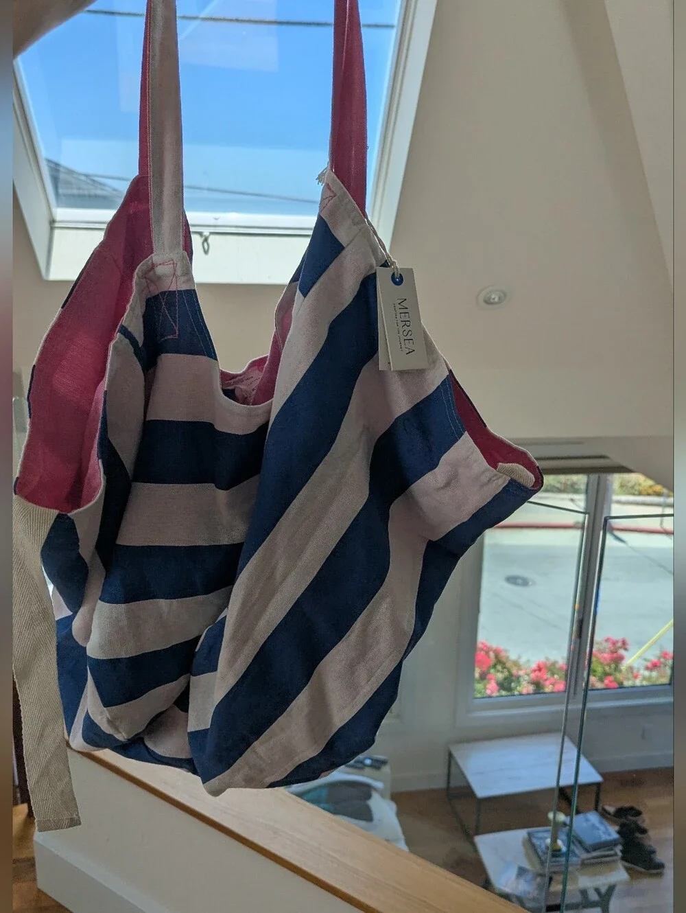 Blue and White Striped Tote Bag with Pink Handles